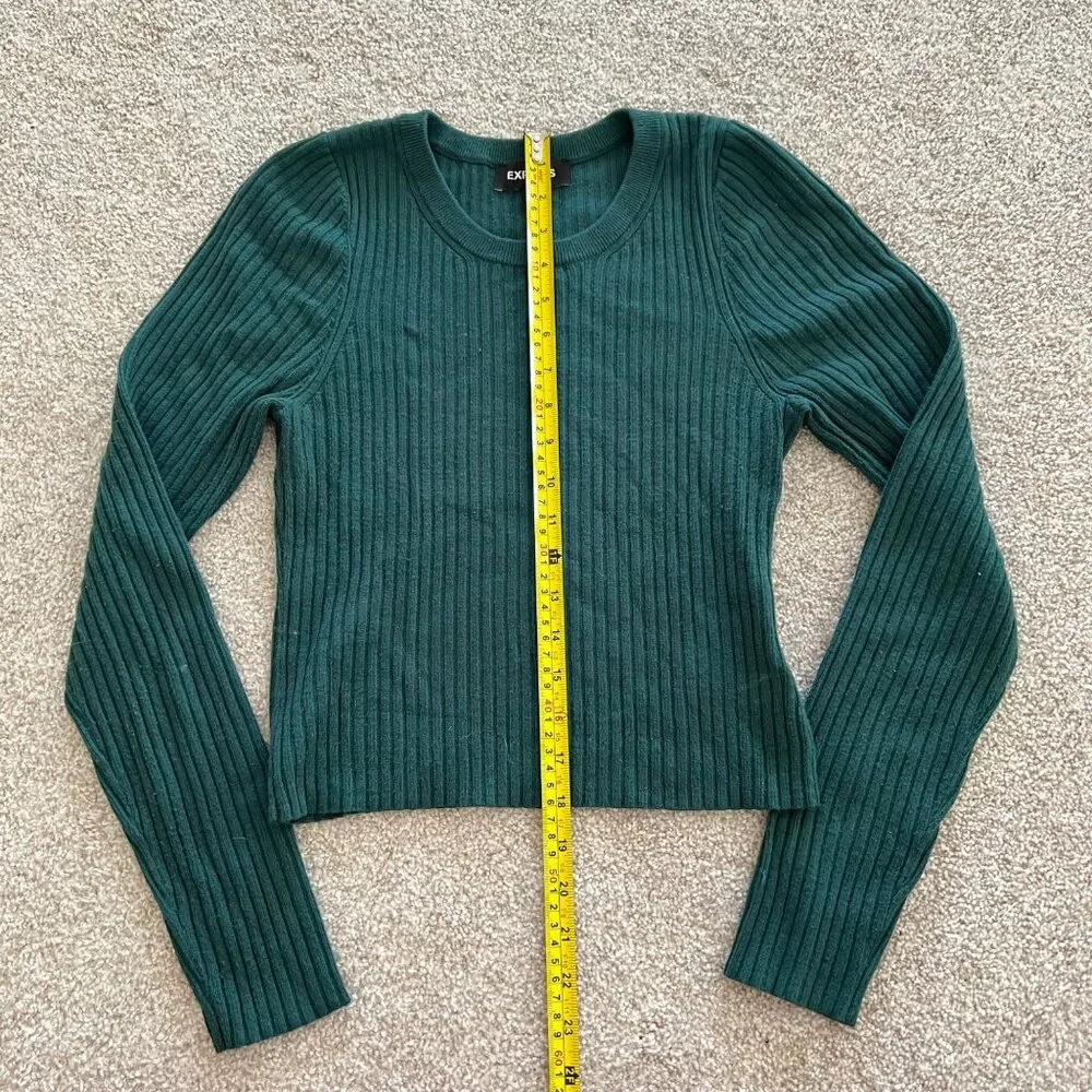 Express Emerald Green Round Neck Ribbed Stretch Long Sleeve Minimalist Top M - Picture 7 of 8